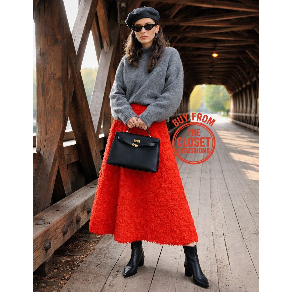 ZARA Floral Voluminous Midi Skirt NWT | Red Textured A-Line - Picture 6 of 16